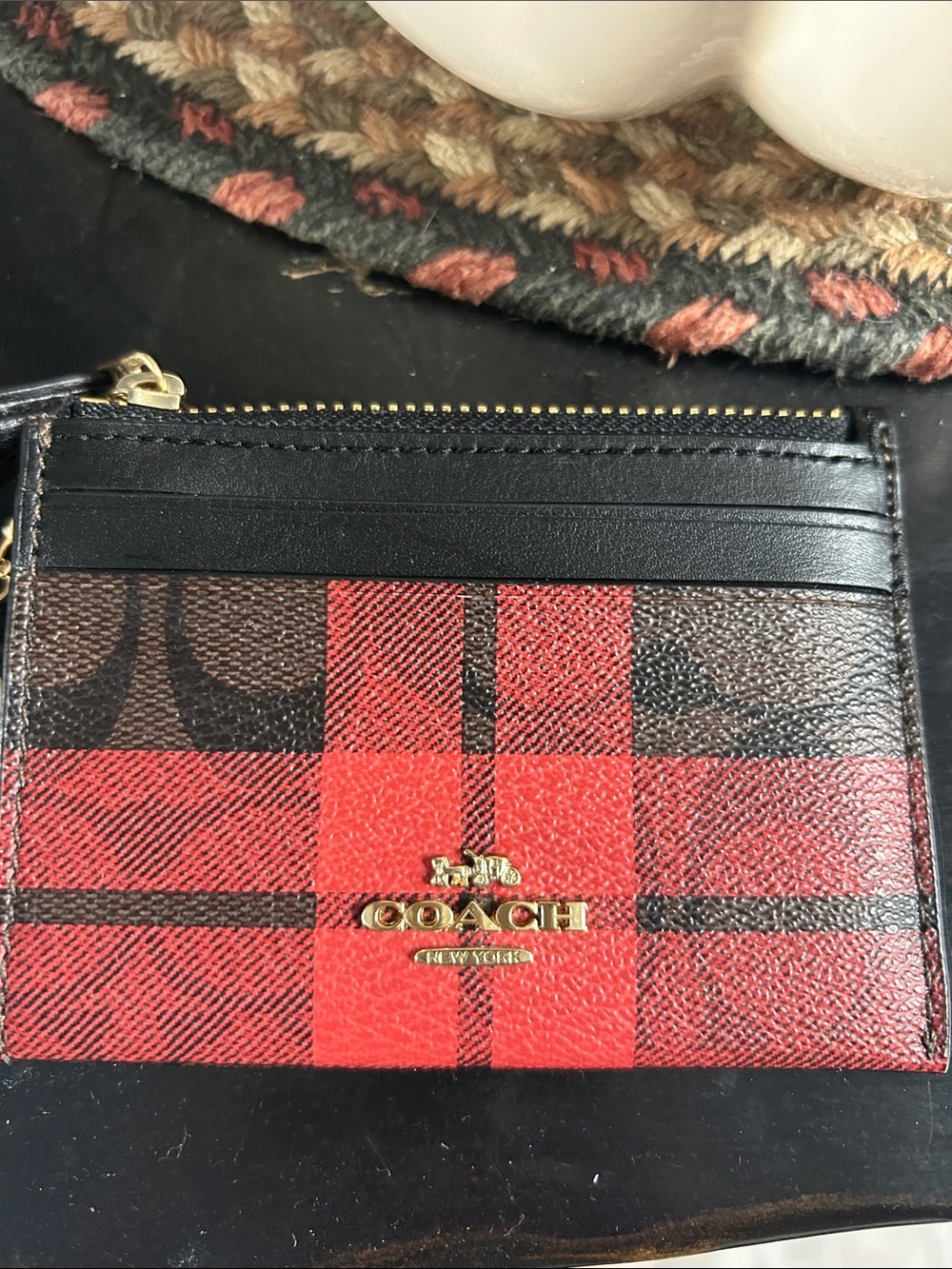 Coach Red Plaid Card Case with Black Trim and Gold Logo - Picture 2 of 6